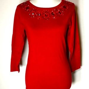Lightweight Sweater w/Rhinestone Neckline